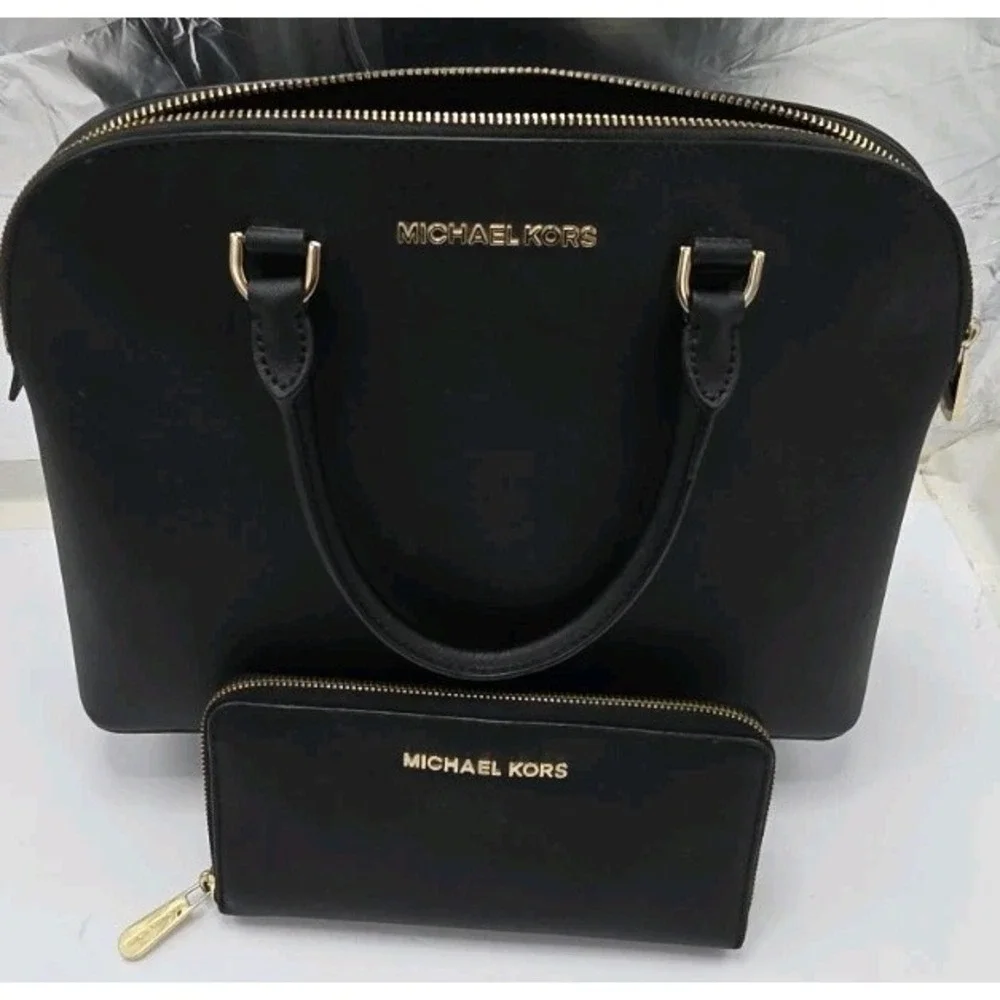 Michael Kors Black Saffiano Leather Dome Satchel Handbag and Wallet Set Gold HW